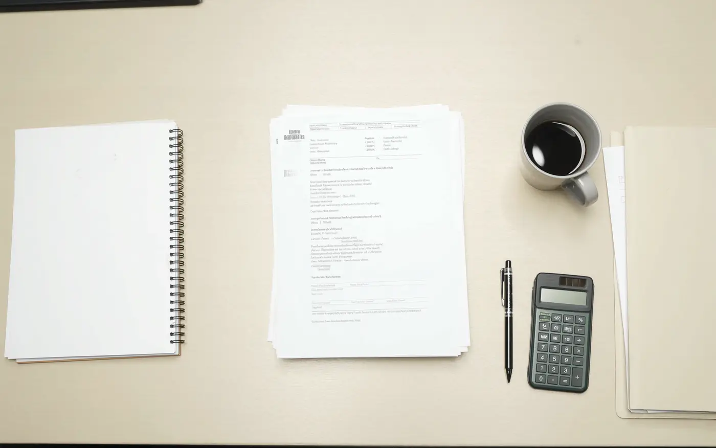 Statements, a notebook, a calculator and a pen laid out on a desk.