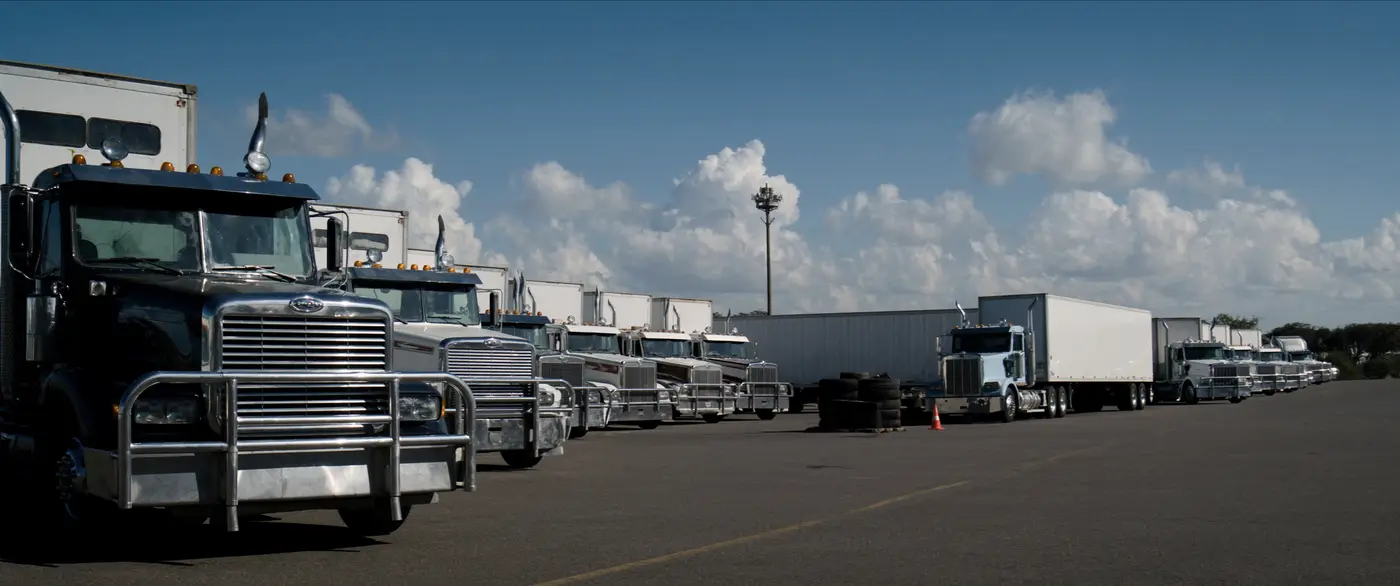 A row of tractor units and dry van trailers parked at a carrier yard.