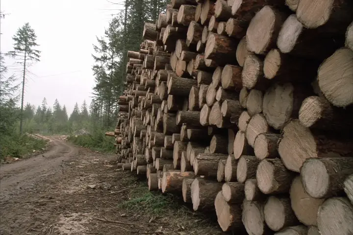 A deck of cut timber stacked beside a forest track.