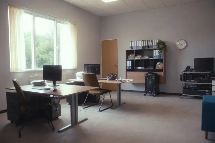 A small office with desks and monitors before opening.