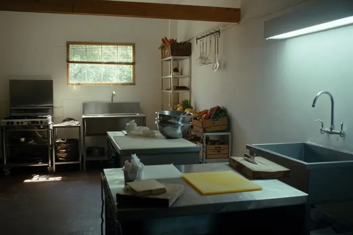 The prep area of a commercial kitchen before service.